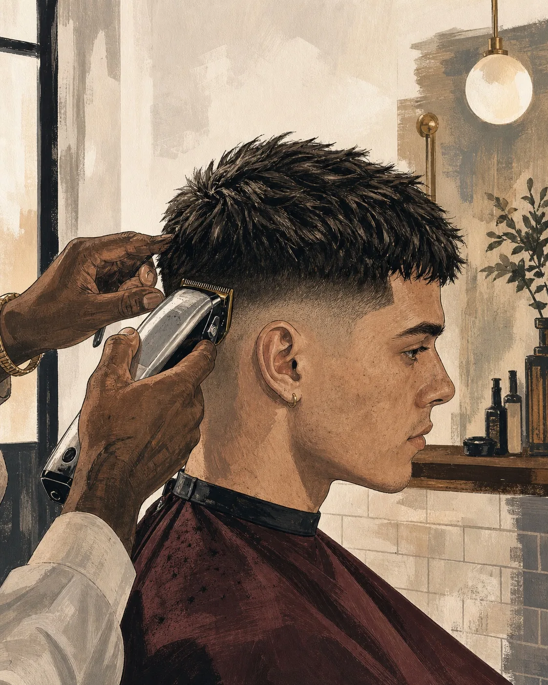 Original editorial illustration of a fictional barber refining a clean textured crop