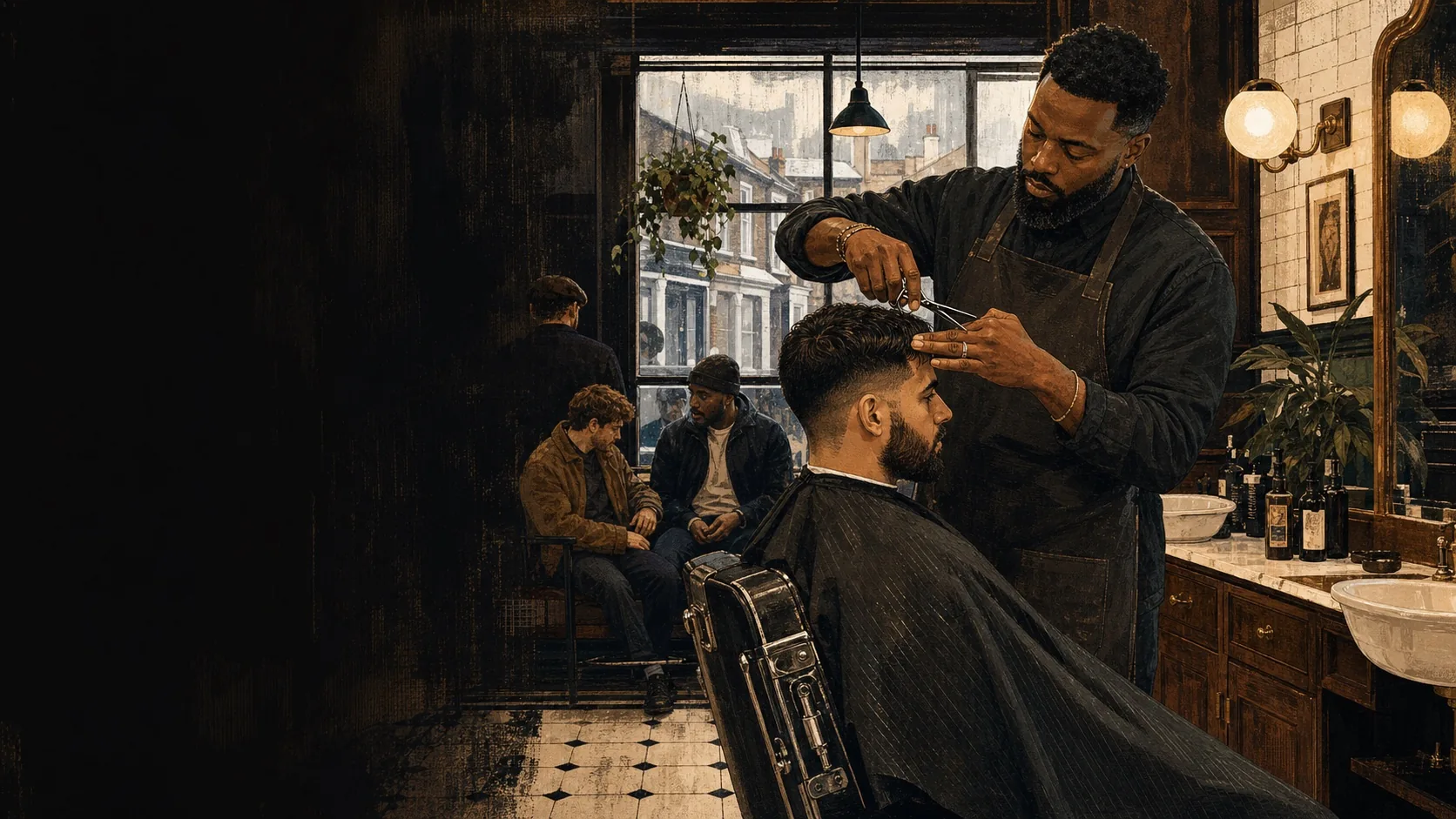 Original editorial illustration of a barber carefully cutting a client's hair in a warm North London shop