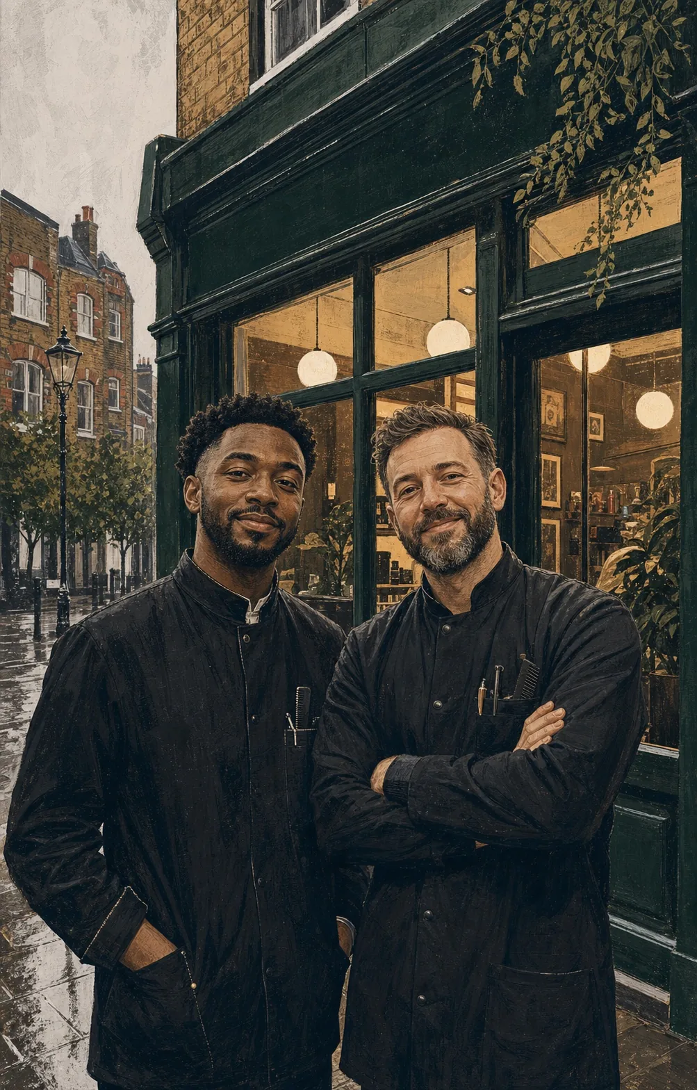 Original editorial illustration of fictional barbers Malik and Tom outside the concept shop